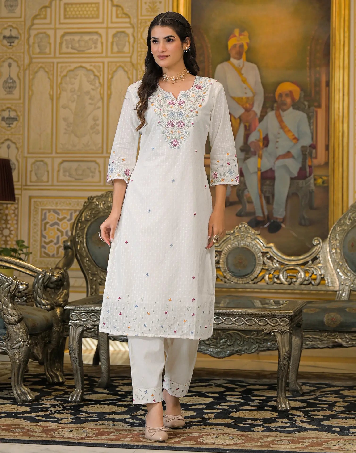 Skylee Cotton Embroidered Straight 3 Piece Kurta Set For Woman