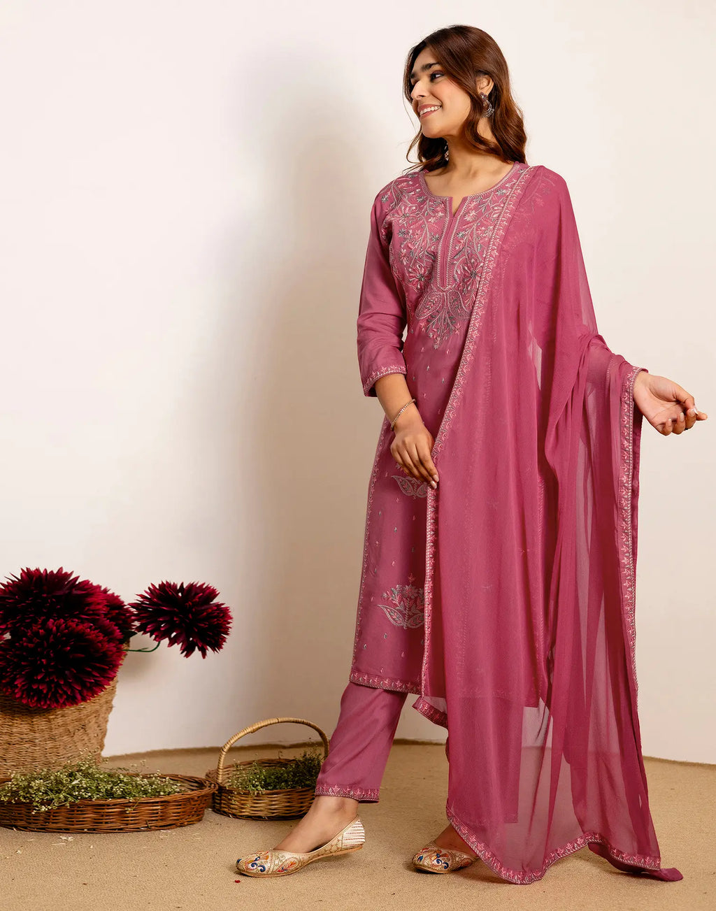 Skylee Rayon Embroidered Straight 3 Piece Kurta Set For Woman