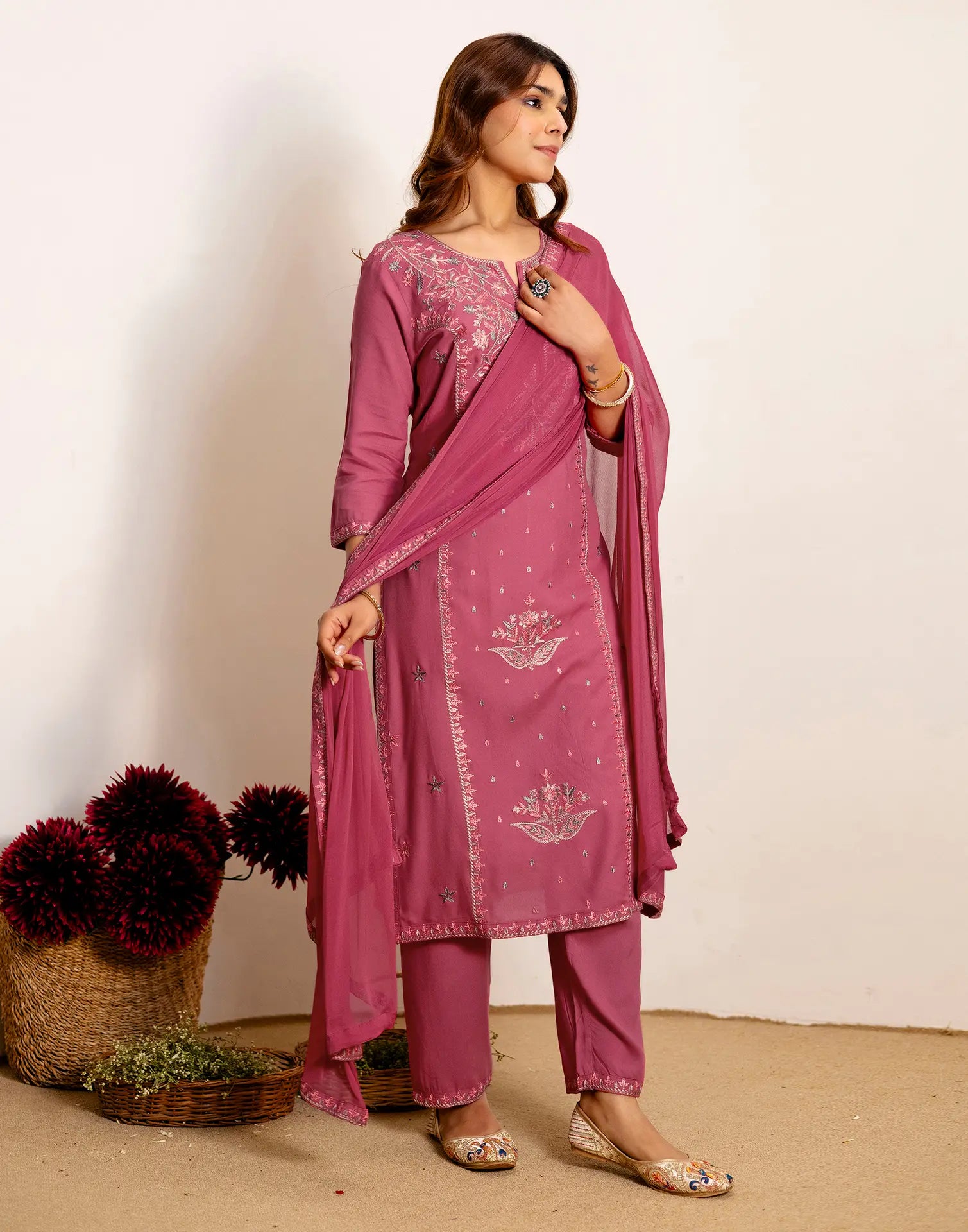 Skylee Rayon Embroidered Straight 3 Piece Kurta Set For Woman