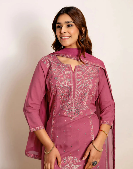 Dusty Rose Pink Round Neck with Front Slit and Notch Multicolour Thread Embroidery Straight 3 Piece Kurta Set with Embroidered Dupatta