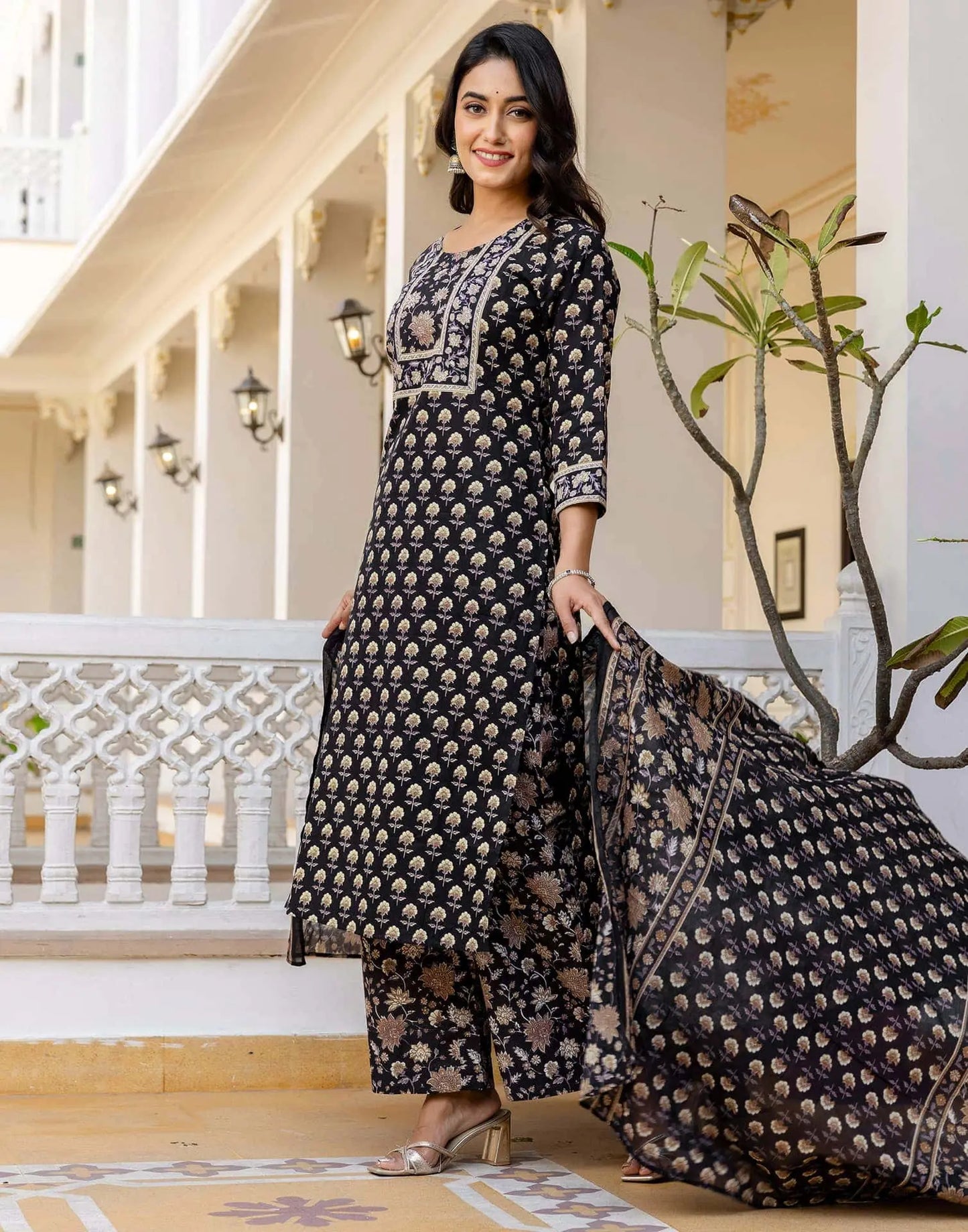 Cotton Printed Straight Kurta with Pant & Dupatta