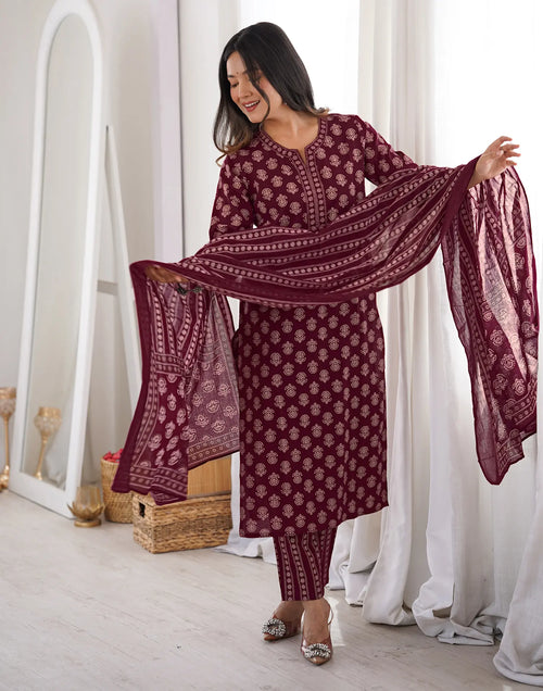 Garnet Maroon Notched Round Neck Printed Straight 3 Piece Kurta Set With Dupatta