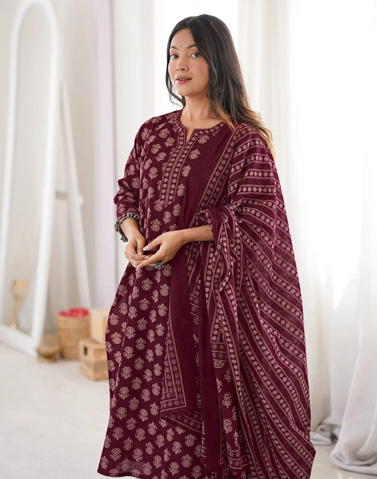 Garnet Maroon Notched Round Neck Printed Straight 3 Piece Kurta Set With Dupatta