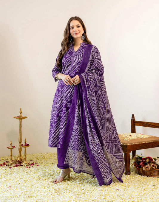 Royal Purple Mandarin Collar Traditional Bandhani Inspired Print Straight 3 Piece Kurta Set With Dupatta