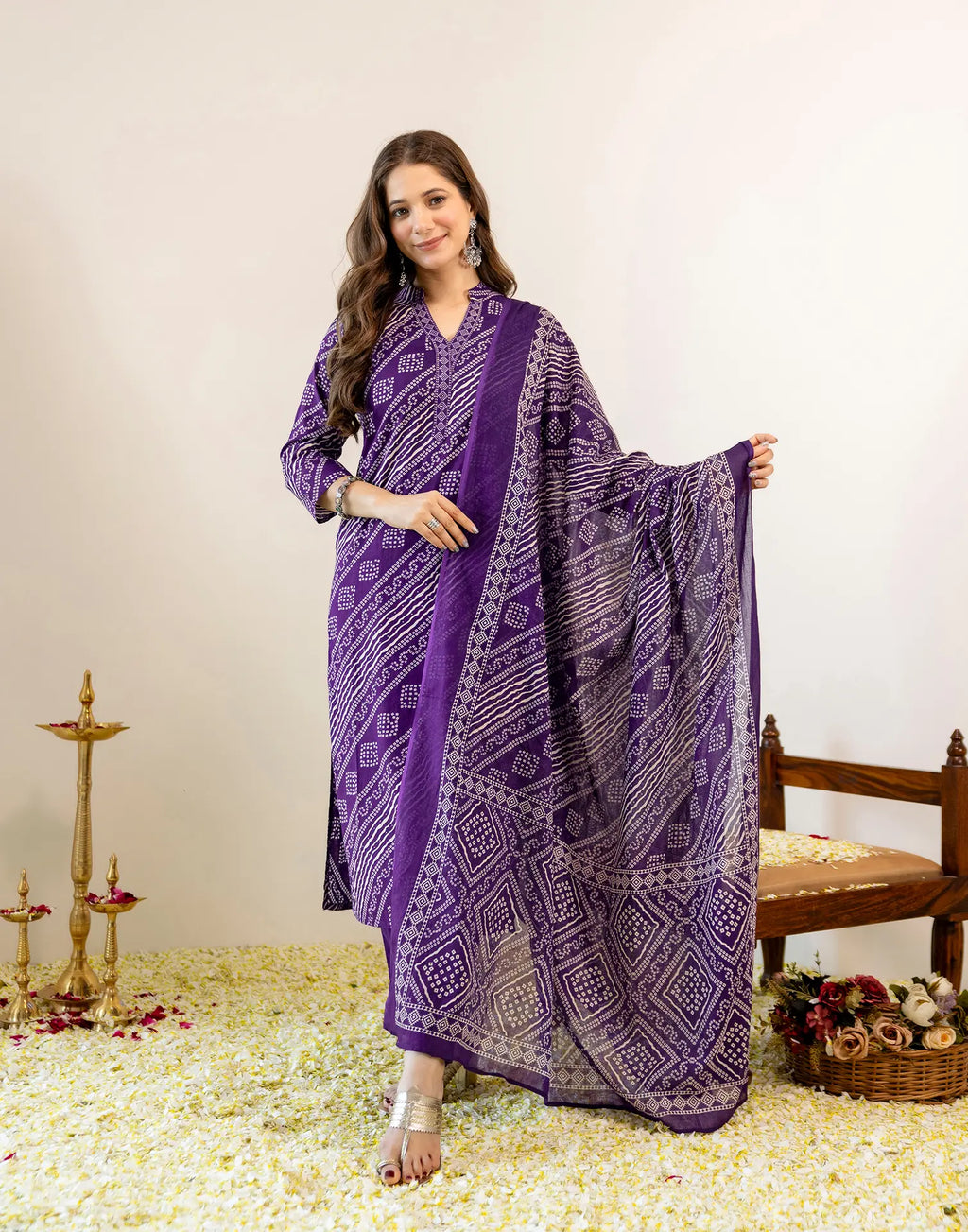 Skylee Viscose Bandhani Straight 3 Piece Kurta Set For Woman
