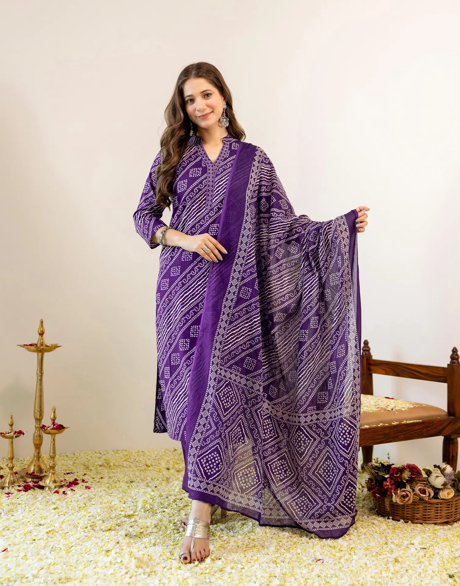 Skylee Viscose Bandhani Straight 3 Piece Kurta Set For Woman