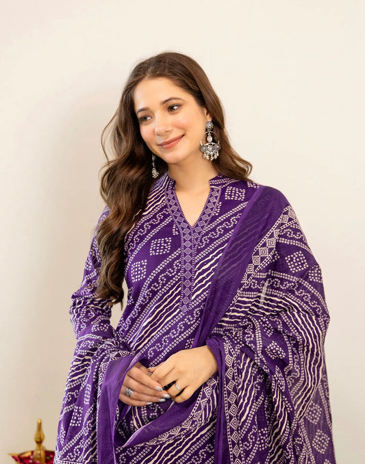 Royal Purple Mandarin Collar Traditional Bandhani Inspired Print Straight 3 Piece Kurta Set With Dupatta