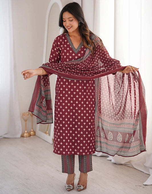 Falu Red V-Neck Traditional Ethnic Print Straight 3 Piece Kurta Set With Dupatta