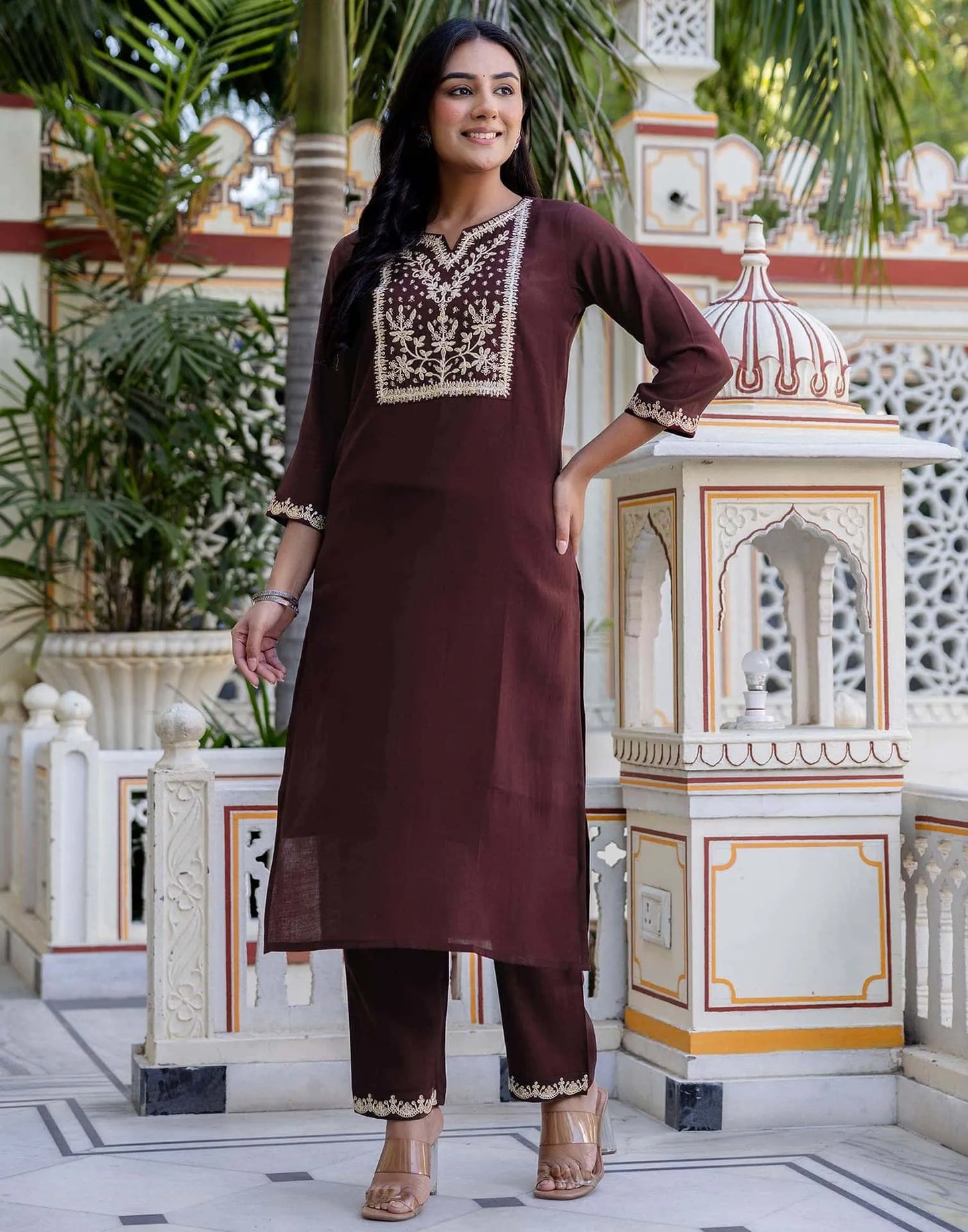 Skylee Brown silk straight kurta set with embroidery and sequins work with pant and dupatta