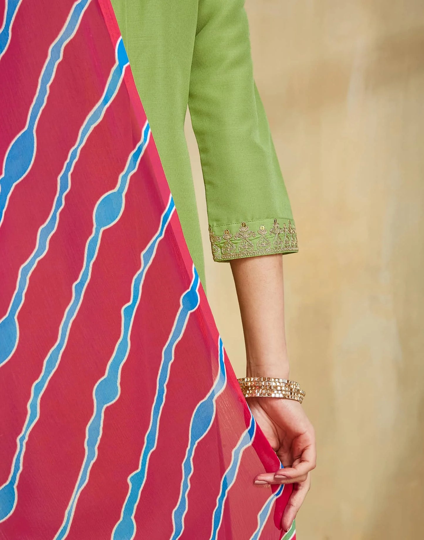 Light Green Cotton Embroidered Straight Kurta Set with Pant & Dupatta for Women