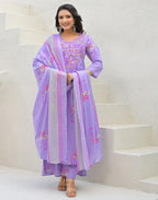 Skylee Cotton Embroidered A-Line 3 Piece Kurta Set For Woman