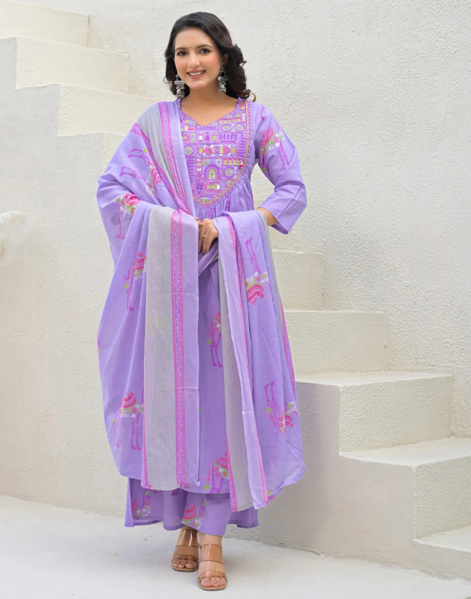 Skylee Cotton Embroidered A-Line 3 Piece Kurta Set For Woman