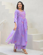 Skylee Cotton Embroidered A-Line 3 Piece Kurta Set For Woman