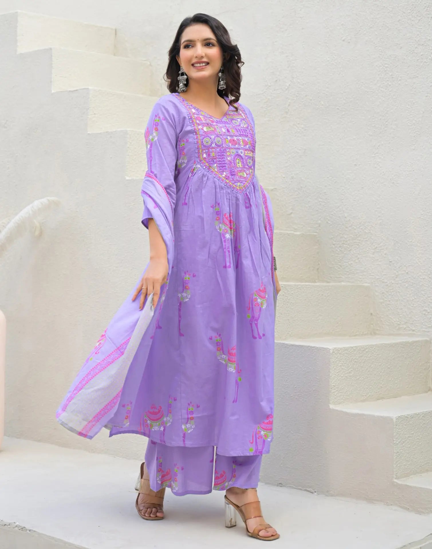 Skylee Cotton Embroidered A-Line 3 Piece Kurta Set For Woman