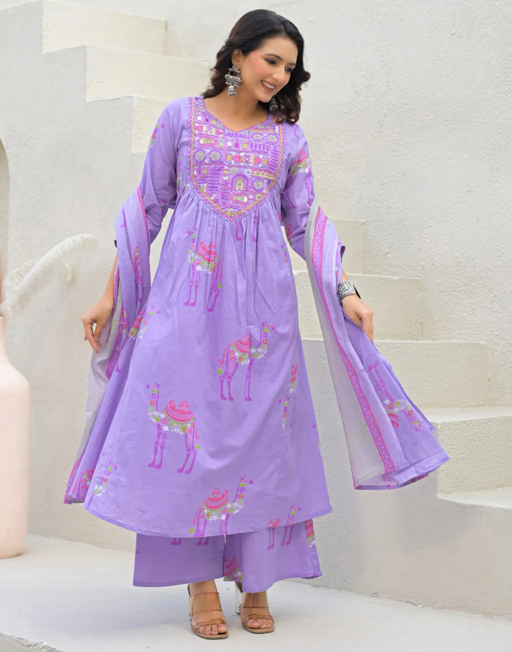 Skylee Cotton Embroidered A-Line 3 Piece Kurta Set For Woman