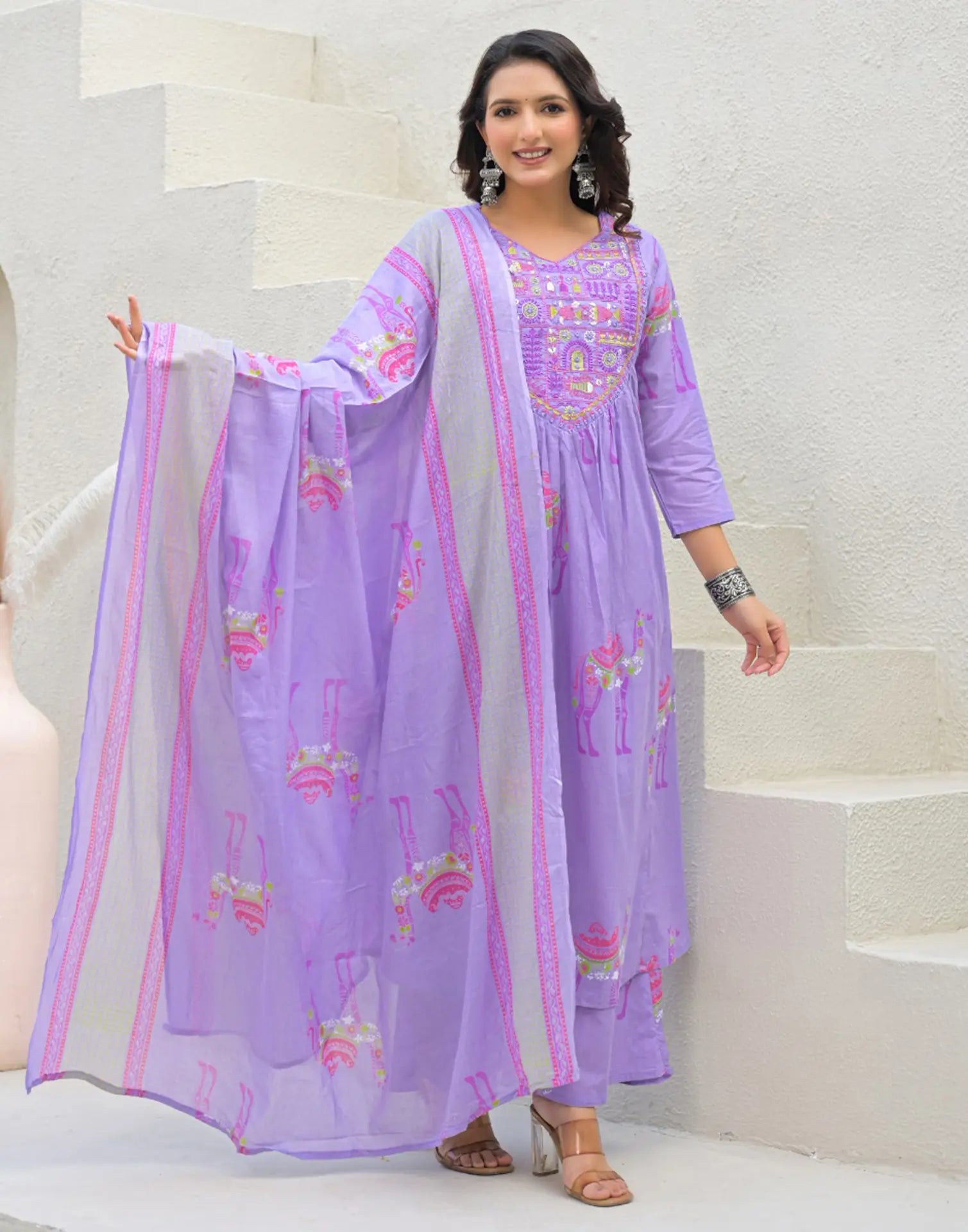 Skylee Cotton Embroidered A-Line 3 Piece Kurta Set For Woman
