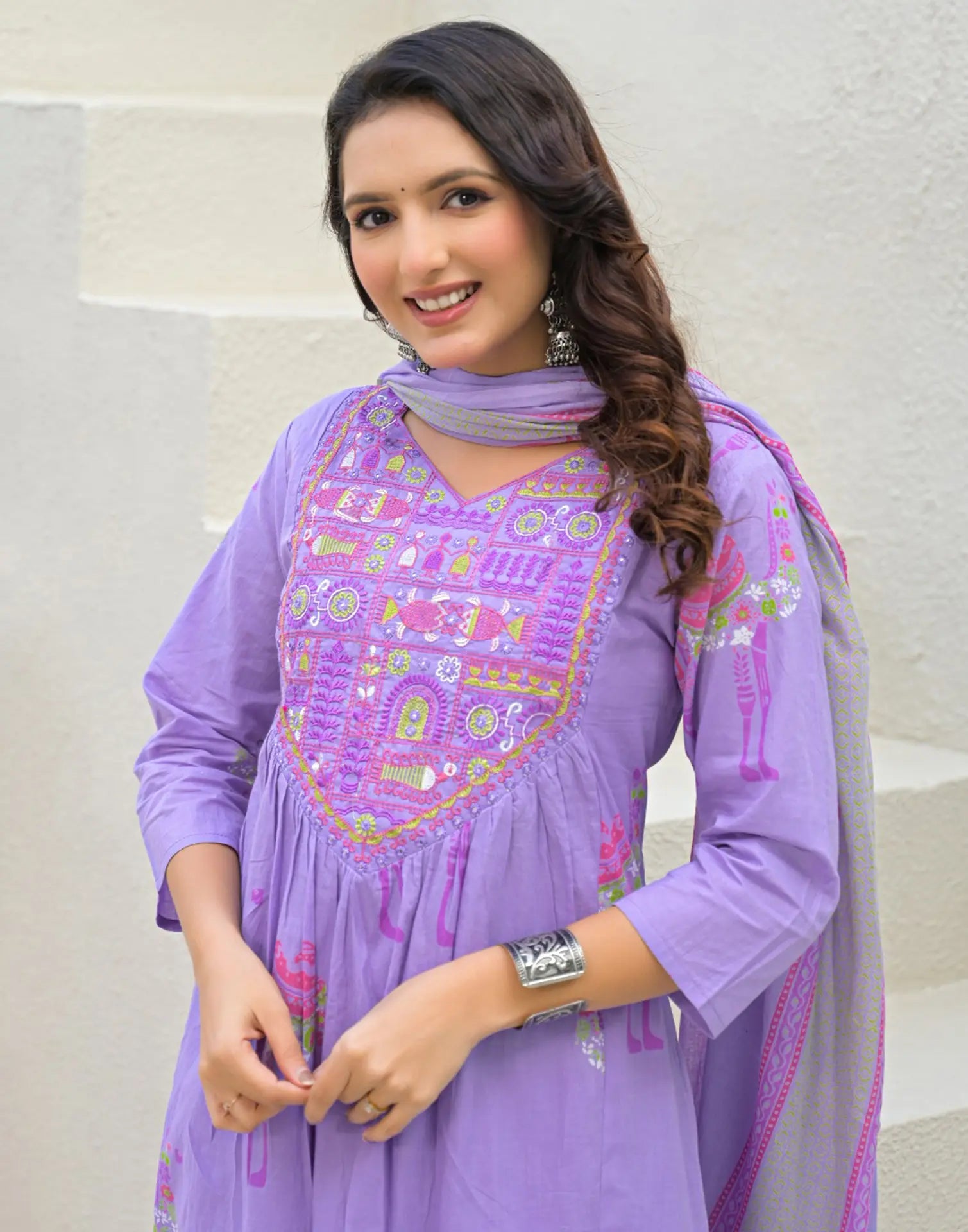 Skylee Cotton Embroidered A-Line 3 Piece Kurta Set For Woman