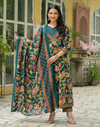 Teal Blue Wrap V-Neck Printed Anarkali, Angrakha 3 Piece Kurta Set with Dupatta