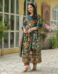 Teal Blue Wrap V-Neck Printed Anarkali, Angrakha 3 Piece Kurta Set with Dupatta