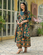 Teal Blue Wrap V-Neck Printed Anarkali, Angrakha 3 Piece Kurta Set with Dupatta