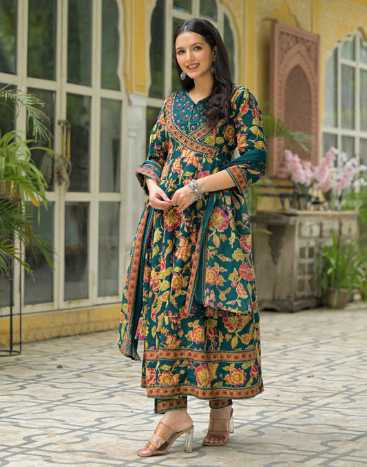 Teal Blue Wrap V-Neck Printed Angrakha 3 Piece Kurta Set With Dupatta