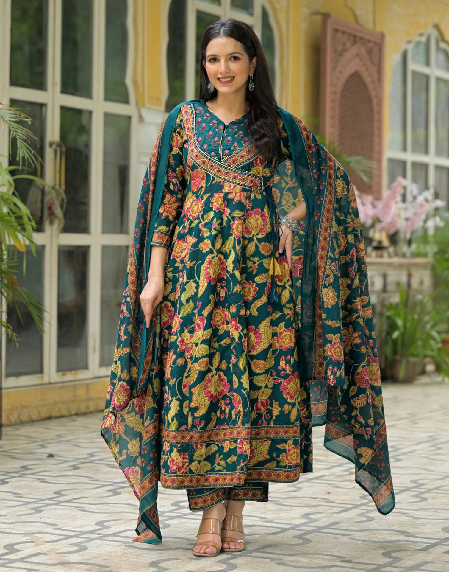 Teal Blue Wrap V-Neck Printed Anarkali, Angrakha 3 Piece Kurta Set with Dupatta