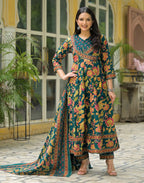 Teal Blue Wrap V-Neck Printed Anarkali, Angrakha 3 Piece Kurta Set with Dupatta
