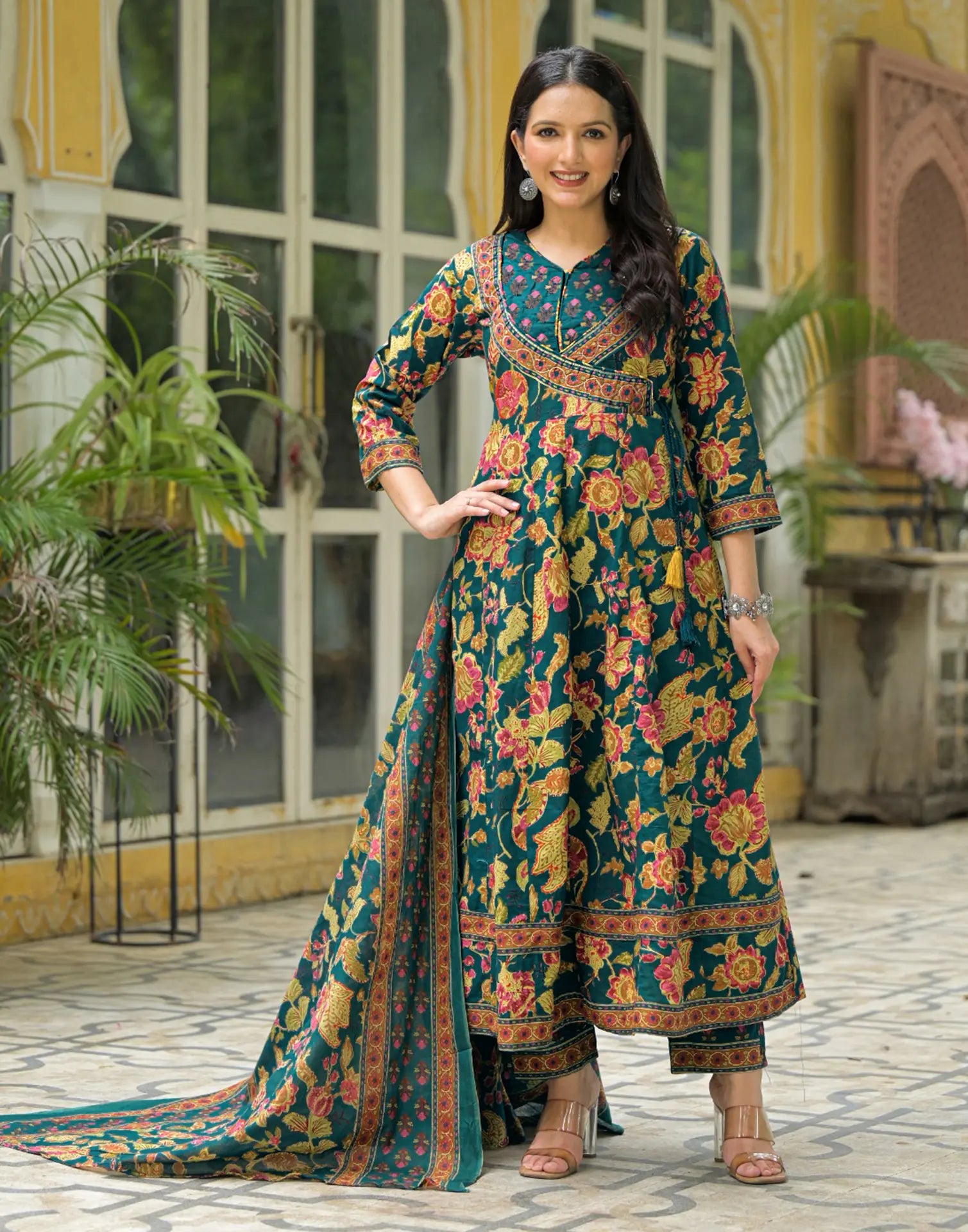 Teal Blue Wrap V-Neck Printed Anarkali, Angrakha 3 Piece Kurta Set with Dupatta
