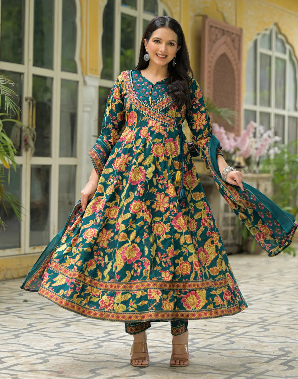 Teal Blue Wrap V-Neck Printed Anarkali, Angrakha 3 Piece Kurta Set with Dupatta