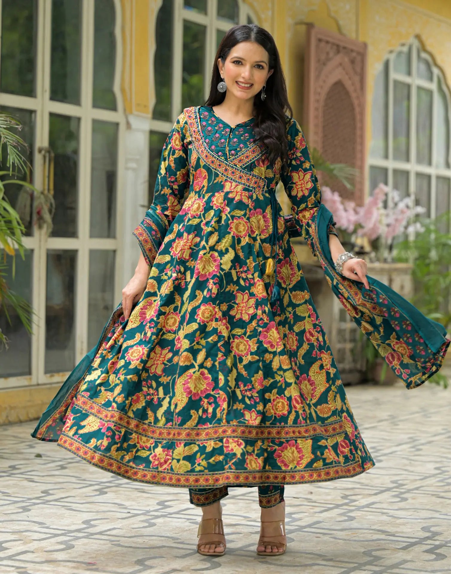 Teal Blue Wrap V-Neck Printed Anarkali, Angrakha 3 Piece Kurta Set with Dupatta