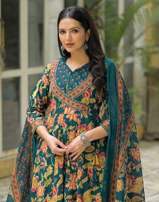 Teal Blue Wrap V-Neck Printed Angrakha 3 Piece Kurta Set With Dupatta