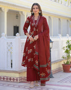 Skylee Cotton Printed A-Line 3 Piece Kurta Set For Woman