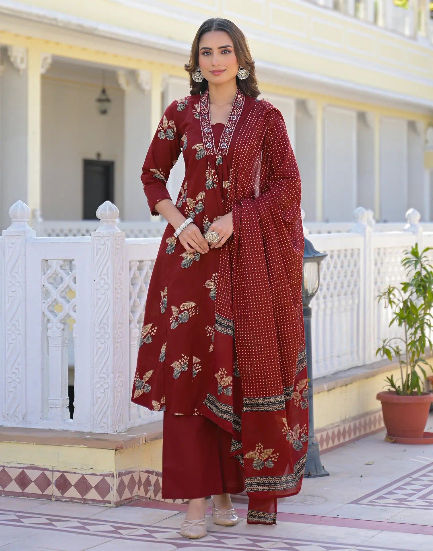 Skylee Cotton Printed A-Line 3 Piece Kurta Set For Woman