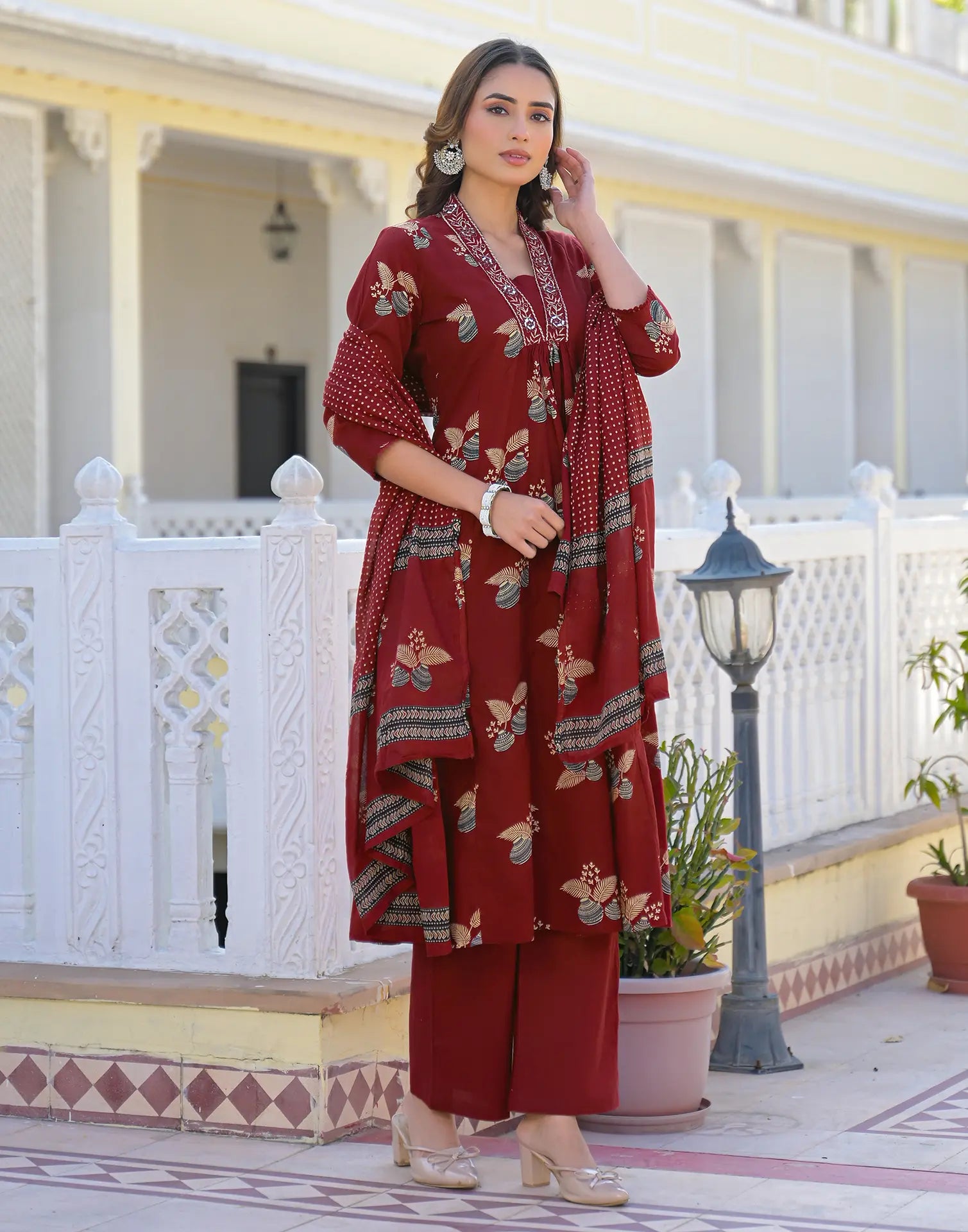 Skylee Cotton Printed A-Line 3 Piece Kurta Set For Woman