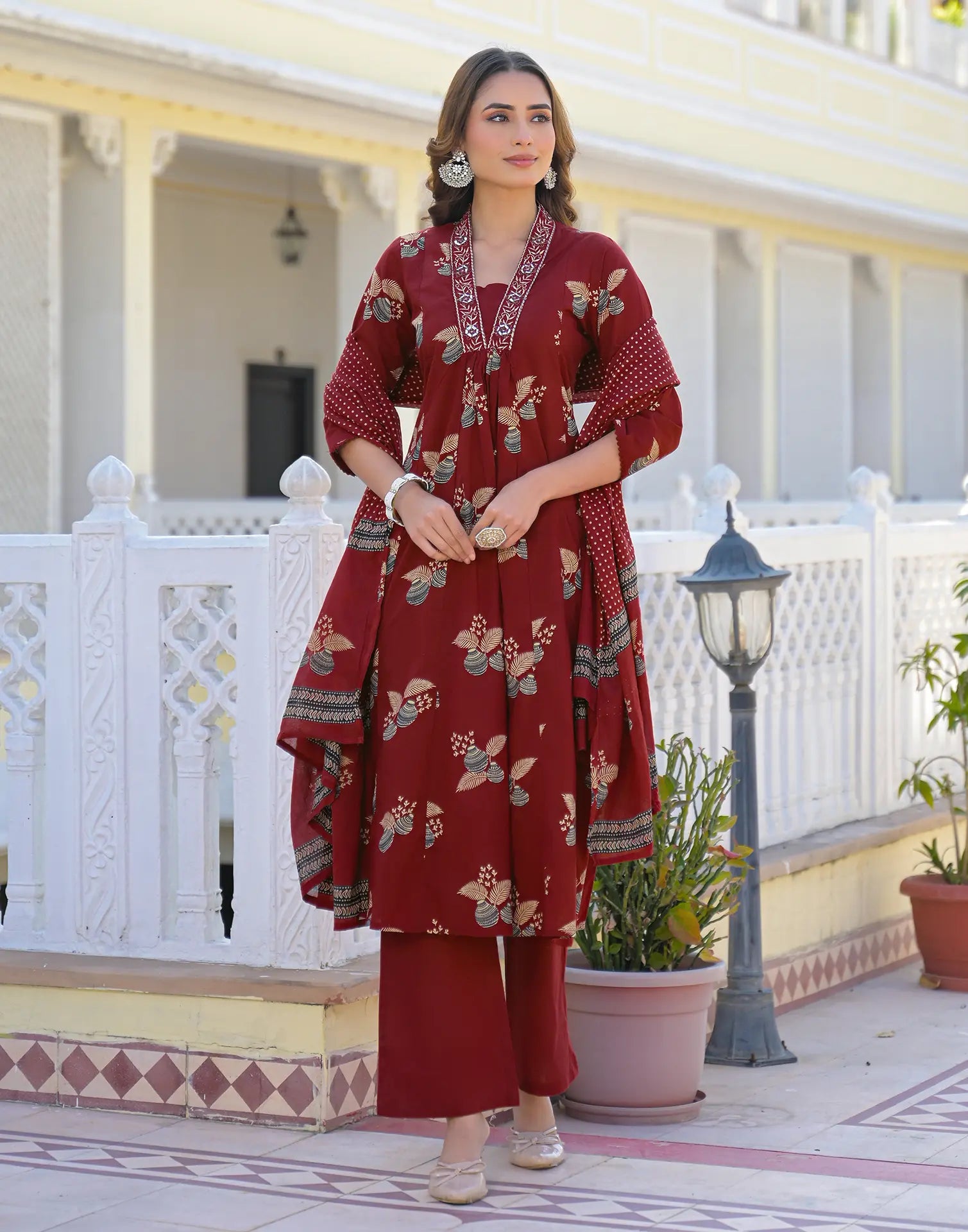 Skylee Cotton Printed A-Line 3 Piece Kurta Set For Woman