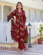 Skylee Cotton Printed A-Line 3 Piece Kurta Set For Woman