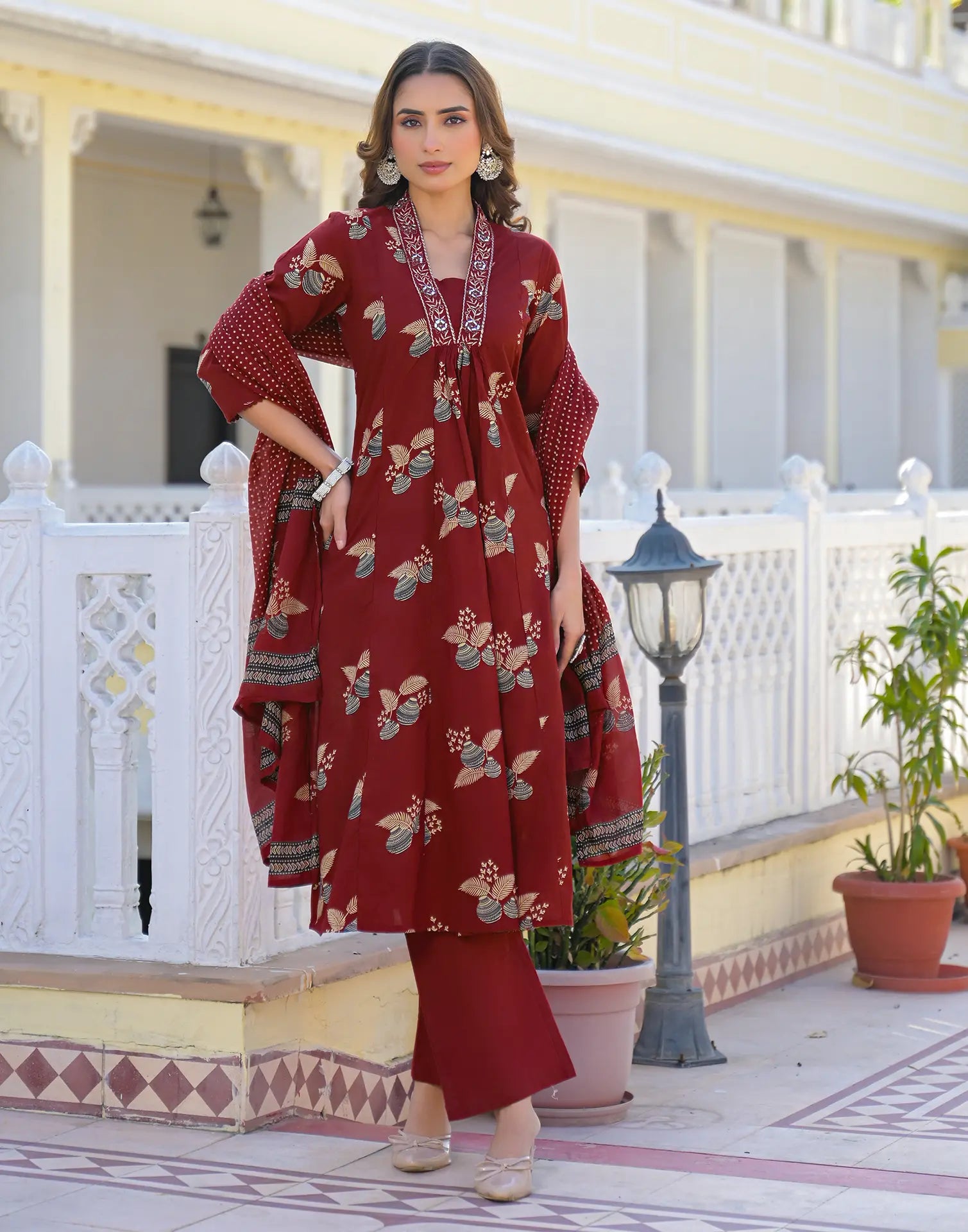 Skylee Cotton Printed A-Line 3 Piece Kurta Set For Woman