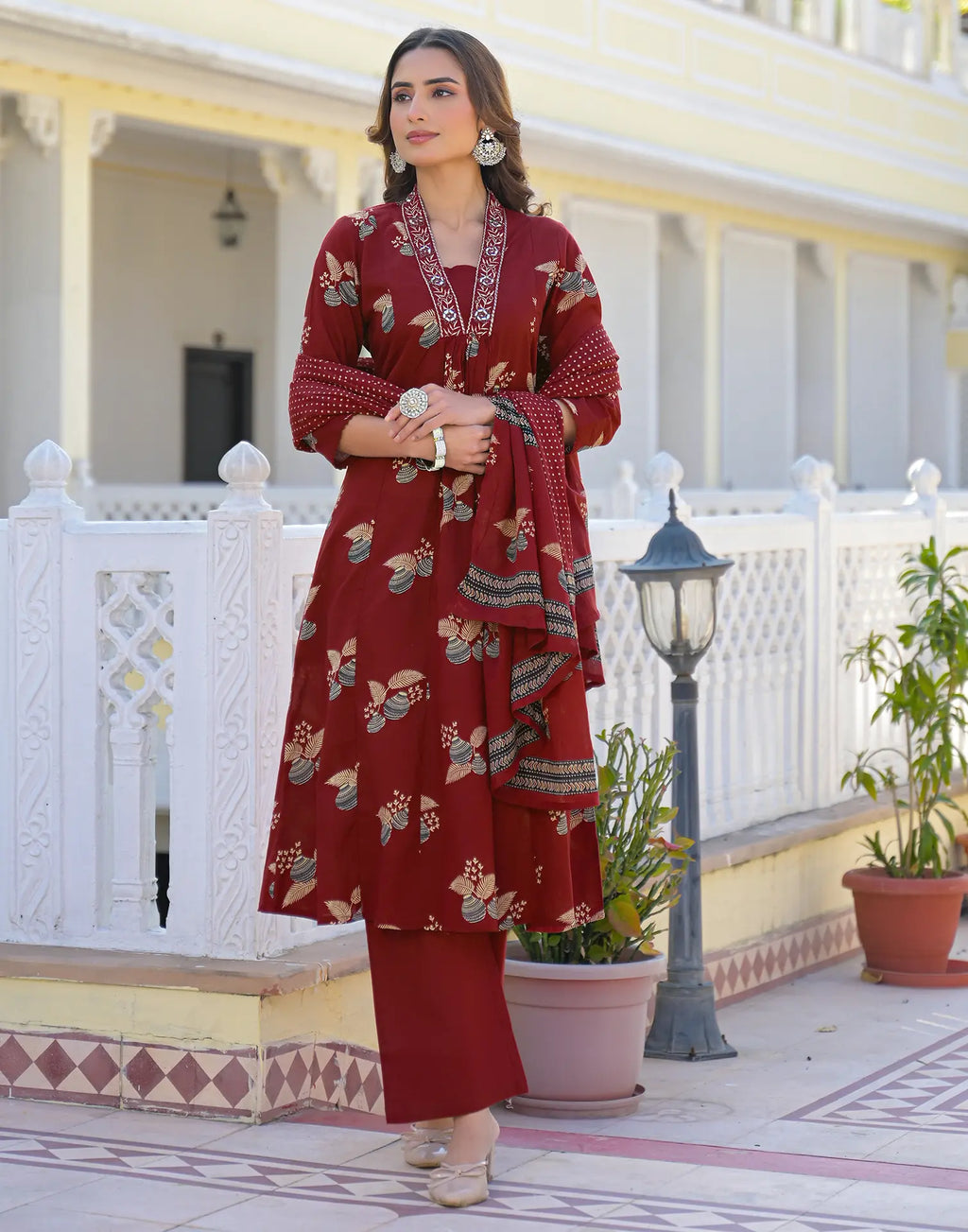 Skylee Cotton Printed A-Line 3 Piece Kurta Set For Woman