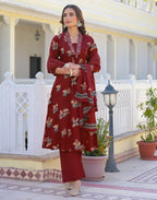 Skylee Cotton Printed A-Line 3 Piece Kurta Set For Woman