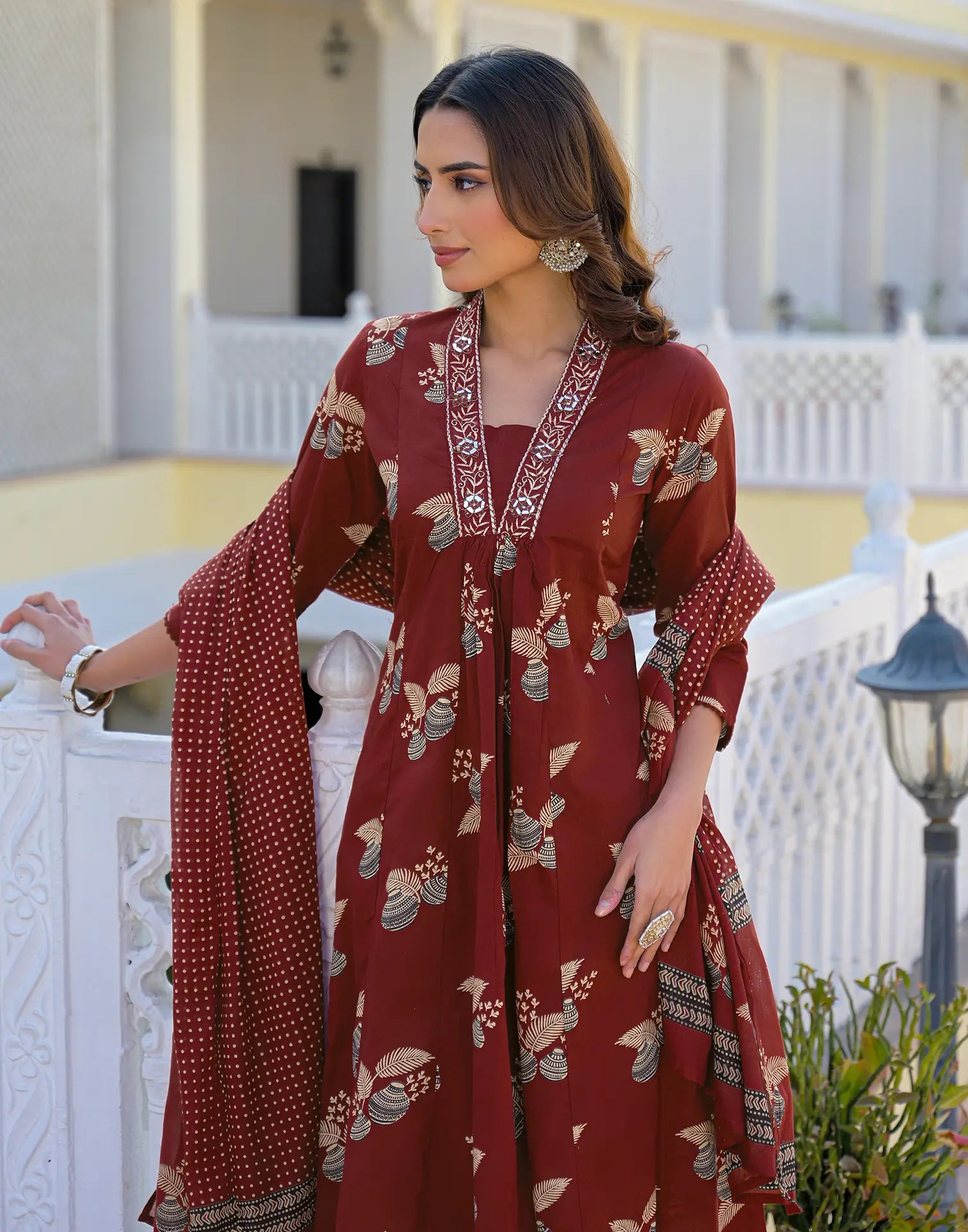 Skylee Cotton Printed A-Line 3 Piece Kurta Set For Woman