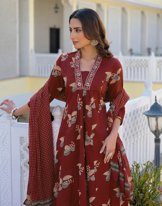 Cotton Printed A-Line 3 Piece Kurta Set