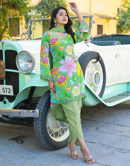 Crepe Embroidered A-Line 3 Piece Kurta Set