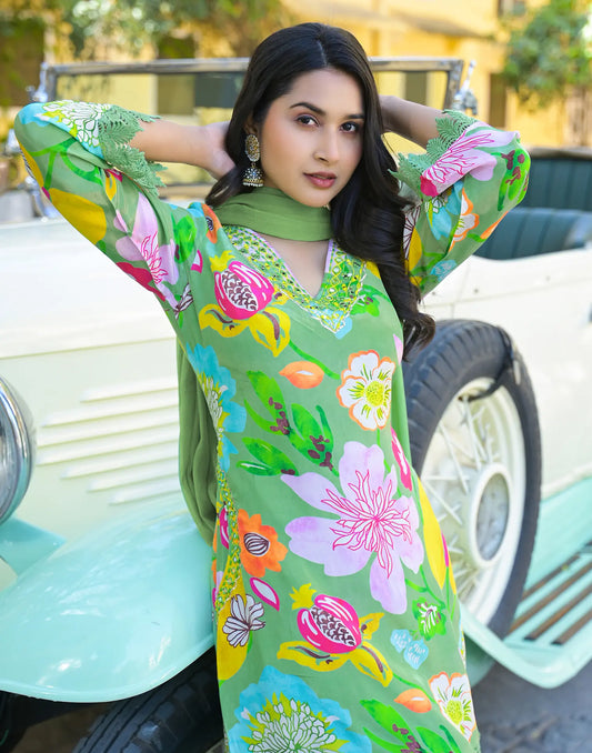 Crepe Embroidered A-Line 3 Piece Kurta Set