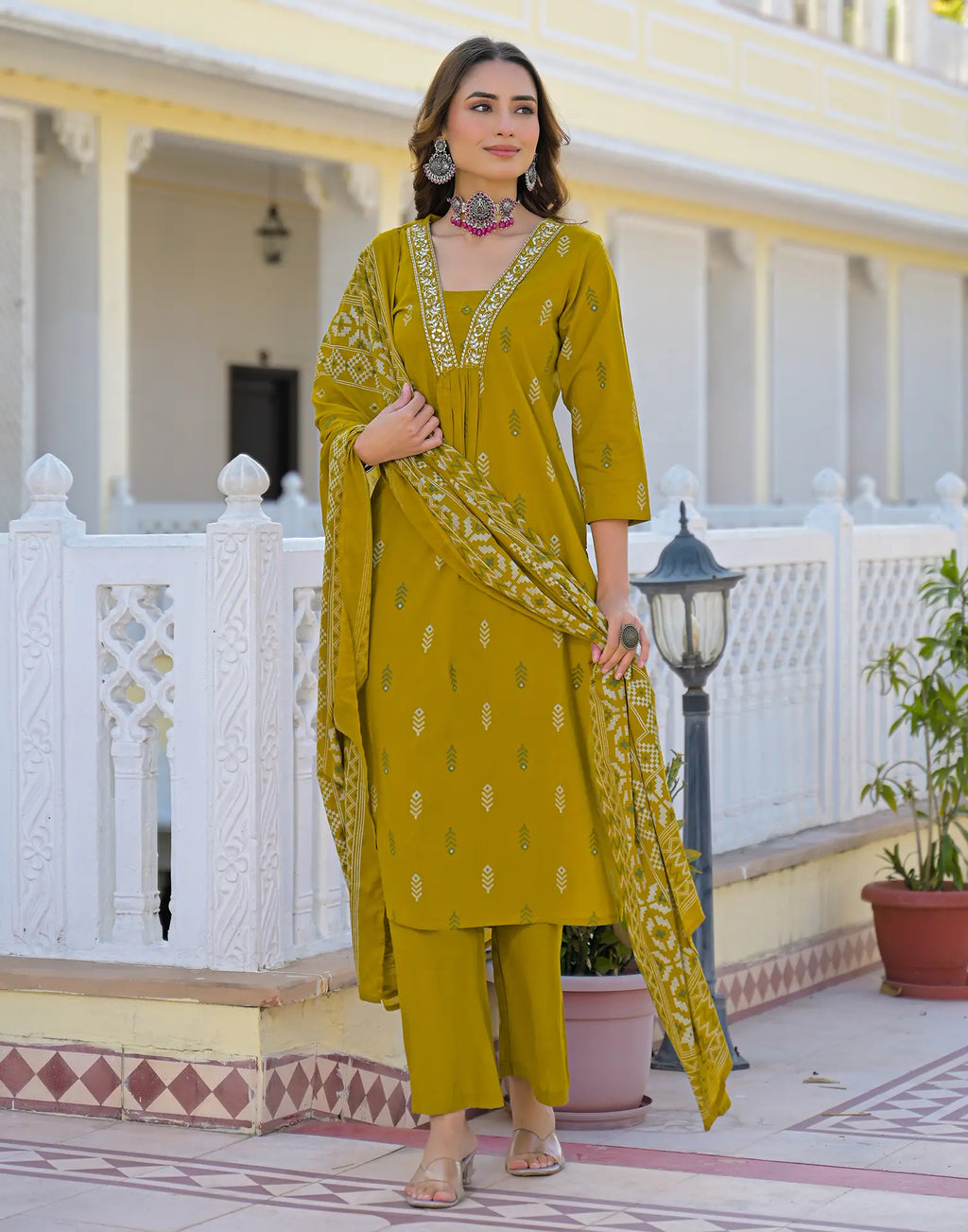 Roman Yellow Layered V Neckline Embroidered Printed A-Line 3 Piece Kurta Set with Dupatta