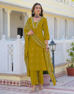 Roman Yellow Layered V Neckline Embroidered Printed A-Line 3 Piece Kurta Set with Dupatta