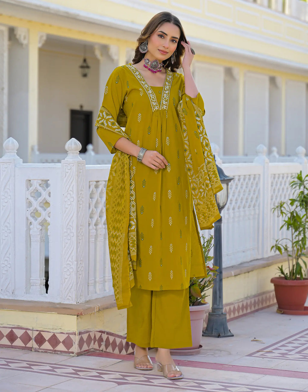 Roman Yellow Layered V Neckline Embroidered Printed A-Line 3 Piece Kurta Set with Dupatta
