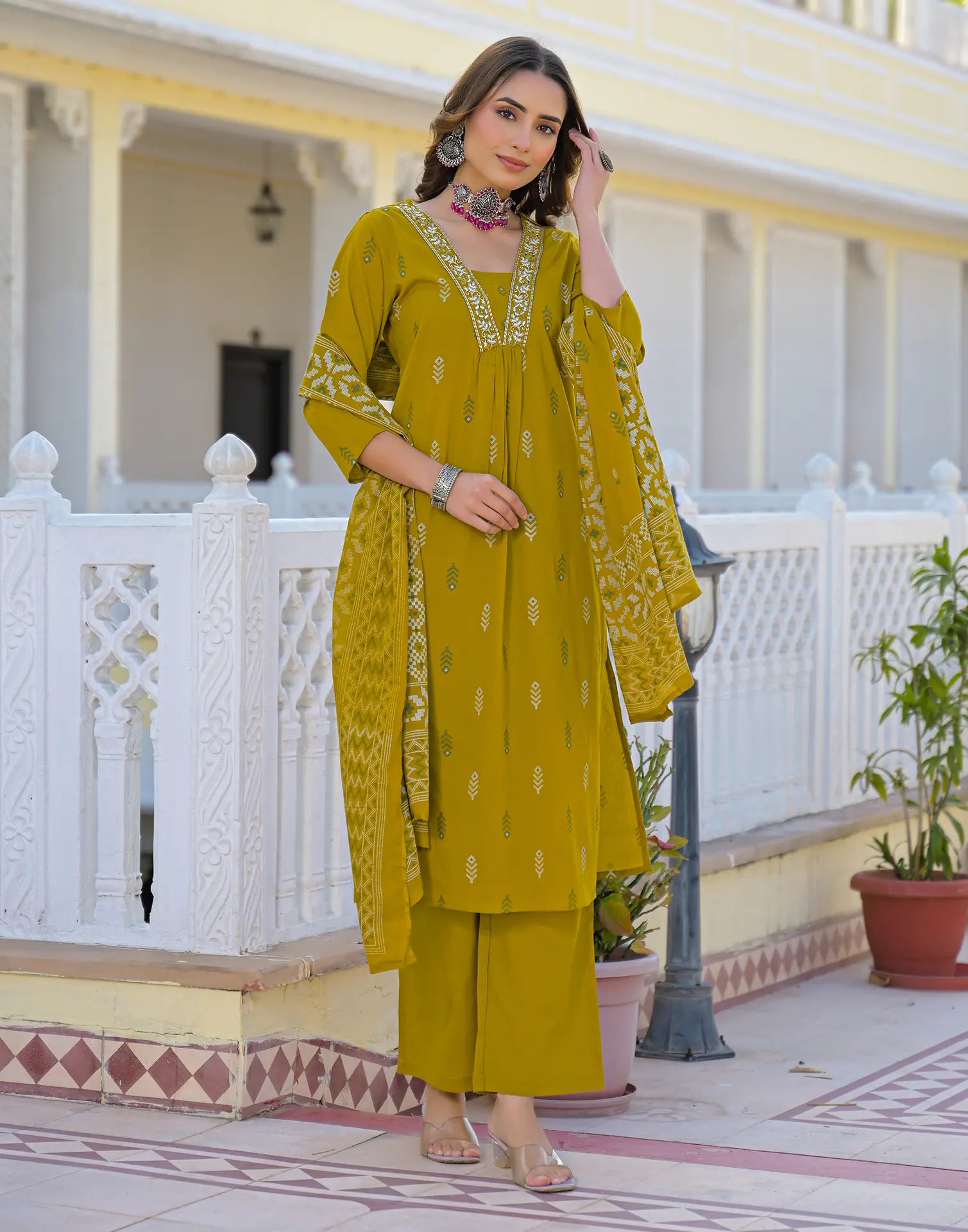 Roman Yellow Layered V Neckline Embroidered Printed A-Line 3 Piece Kurta Set with Dupatta