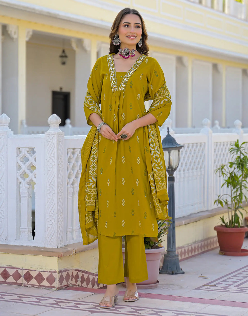 Roman Yellow Layered V Neckline Embroidered Printed A-Line 3 Piece Kurta Set with Dupatta