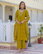 Roman Yellow Layered V Neckline Embroidered Printed A-Line 3 Piece Kurta Set with Dupatta