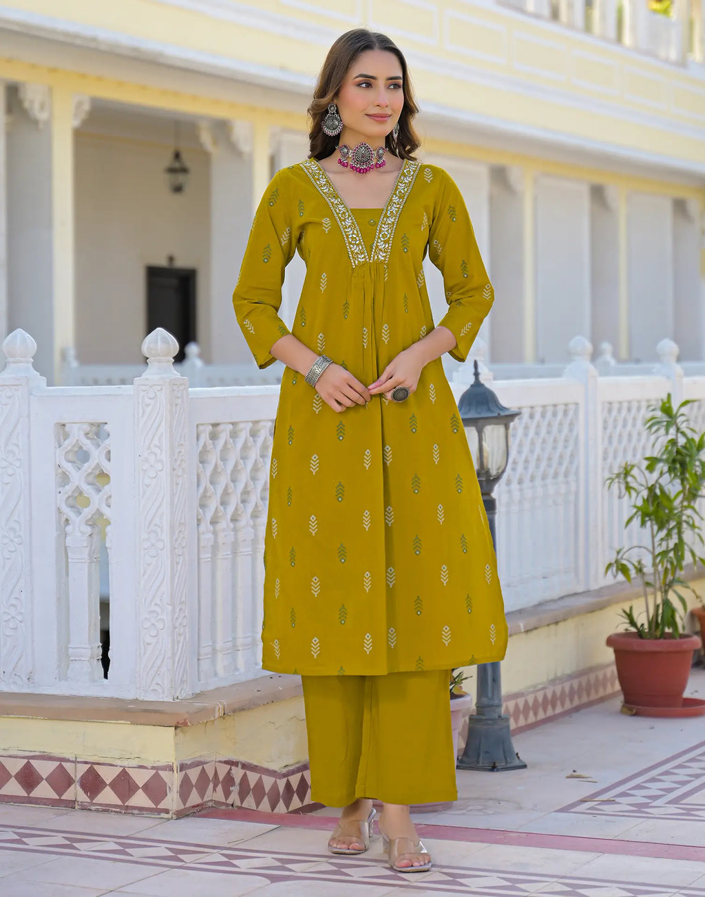 Roman Yellow Layered V Neckline Embroidered Printed A-Line 3 Piece Kurta Set with Dupatta